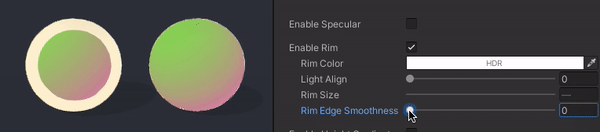 Adjusting 'Rim Edge Smoothness' parameter. Two spheres have different 'Rim Size' values and otherwise identical shading parameters
