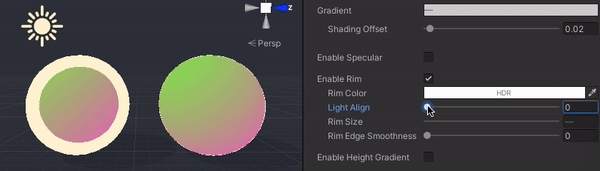 Adjusting 'Rim Align' parameter. Two spheres have different 'Rim Size' values and otherwise identical shading parameters
